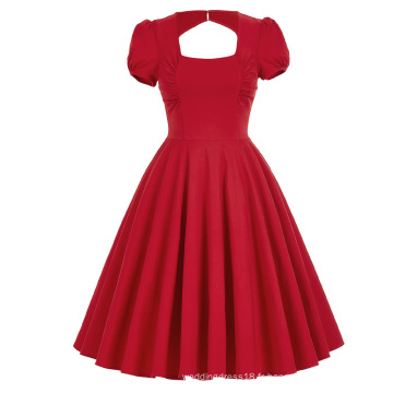 Belle Poque à manches courtes à crevettes arrière Puff Sleeve Retro Vintage 50s Red Party Dress BP000184-2